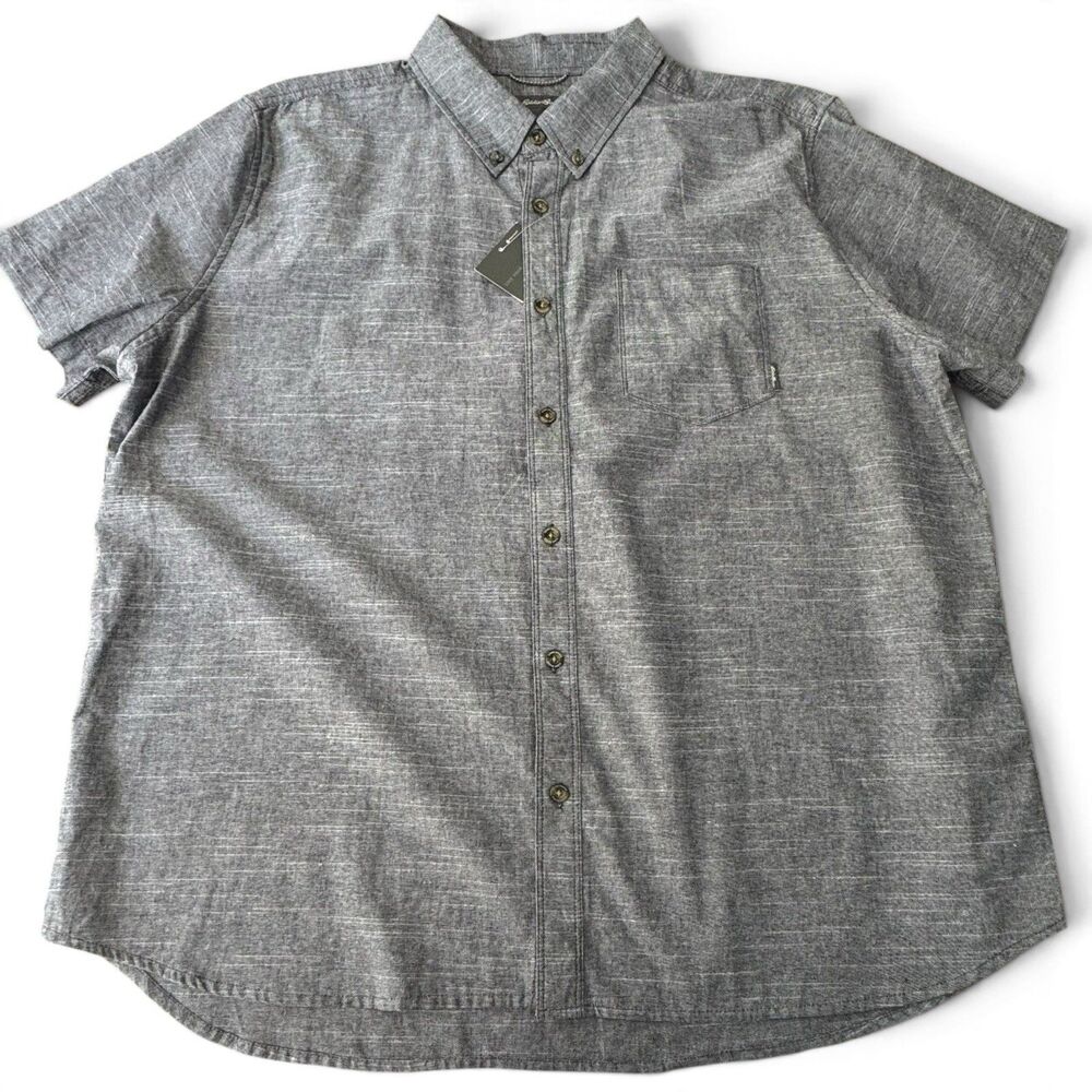 Eddie Bauer Button Up Shirt Men XXL Gray Blue Chambray NWT Short Sleeve Cotton - Picture 1 of 14